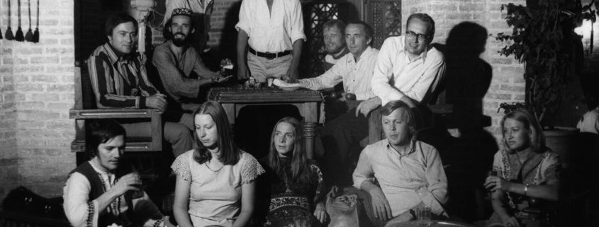 Shiraz-Festival 1972, tea house Saraye Moshir, Shiraz. Last row standing: Volker Müller, Karlheinz Stockhausen. Last row sitting: Karl O. Barkey, Hans-Alderich Billig, Wolfgang Lüttgen, Günther Engels, Christoph Caskel. First row: Péter Eötvös, Dagmar von Biel, Gaby Rodens, Wolfgang Fromme, Helga Hamm-Albrecht.